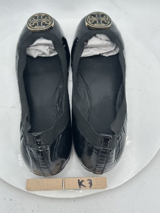 Tory Burch Reva Women Size 10.5M Black Patent Leather Gold Logo Ballet Flat Shoe - Picture 3 of 11